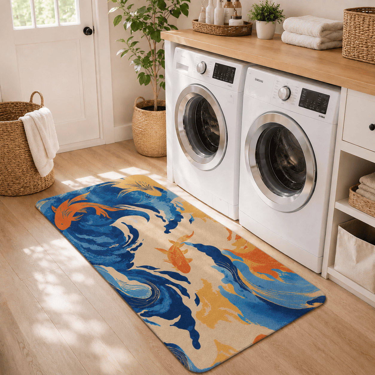 Japanese Koi Door Mat Quick Dry Super Absorbent Non Slip Fish Pattern