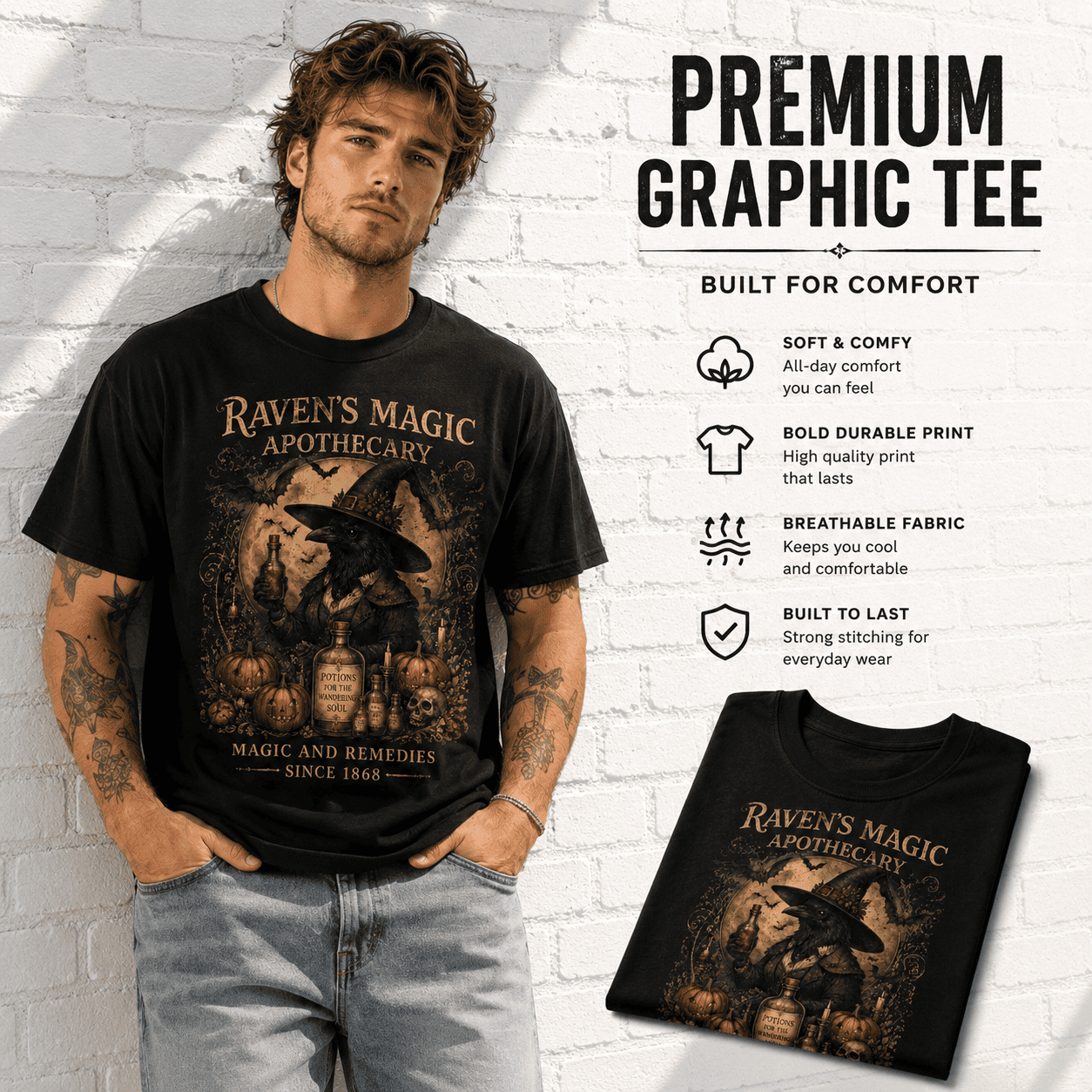 Raven's Magic Apothecary Witch Crow Gothic Halloween Graphic Men's T-Shirt