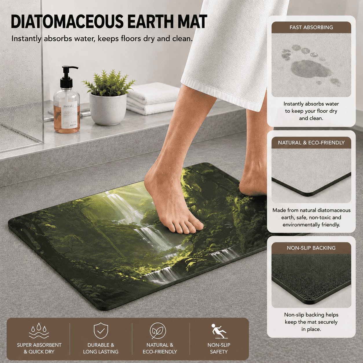 Jungle Waterfall Kitchen Mat Quick Dry Super Absorbent Non Slip Nature Decor