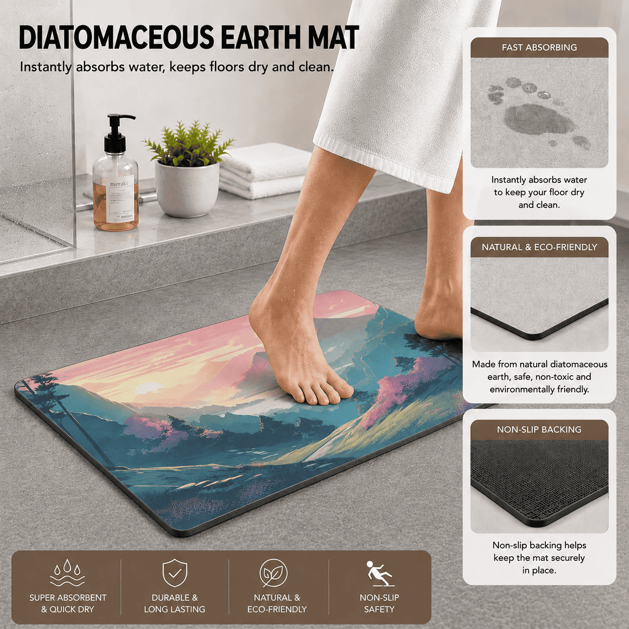 Mountain Floral Floor Mat Quick Dry Super Absorbent Non Slip Serene Valley Decor