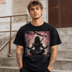 Japanese Samurai Meditation Graphic T-Shirt Cherry Blossom Warrior Tee