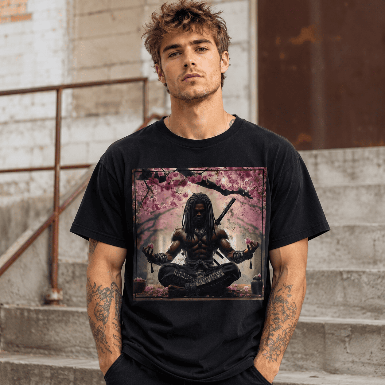 Japanese Samurai Meditation Graphic T-Shirt Cherry Blossom Warrior Tee