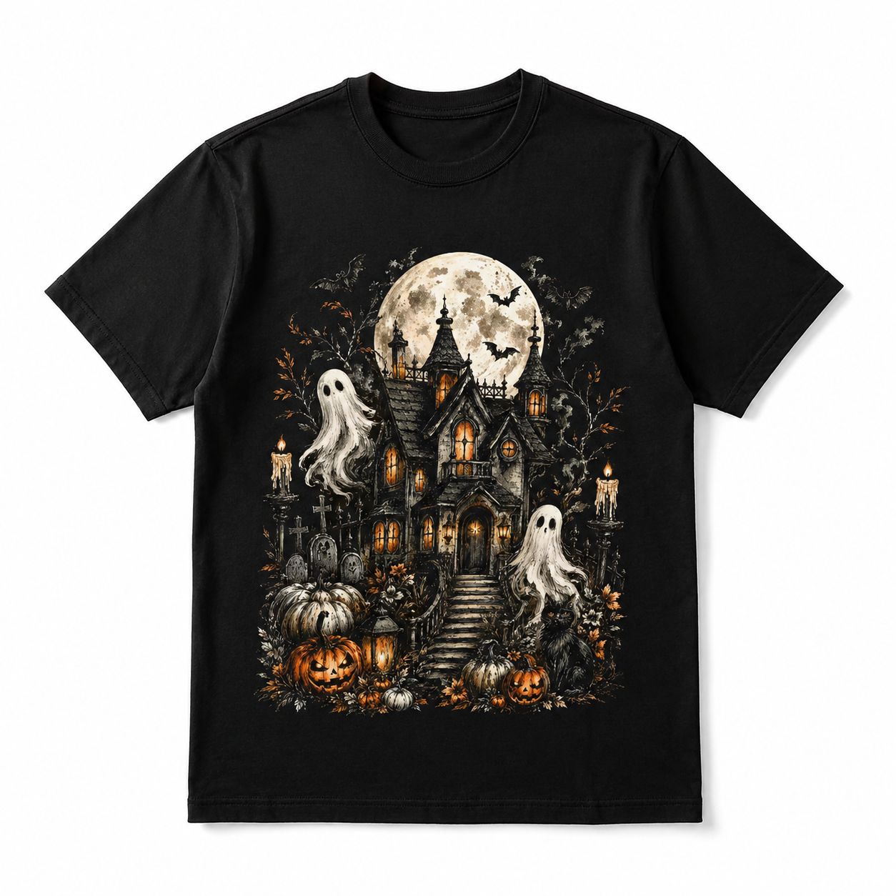 Haunted House Ghost Pumpkin Spooky Halloween Gothic Graphic Men's T-Shirt