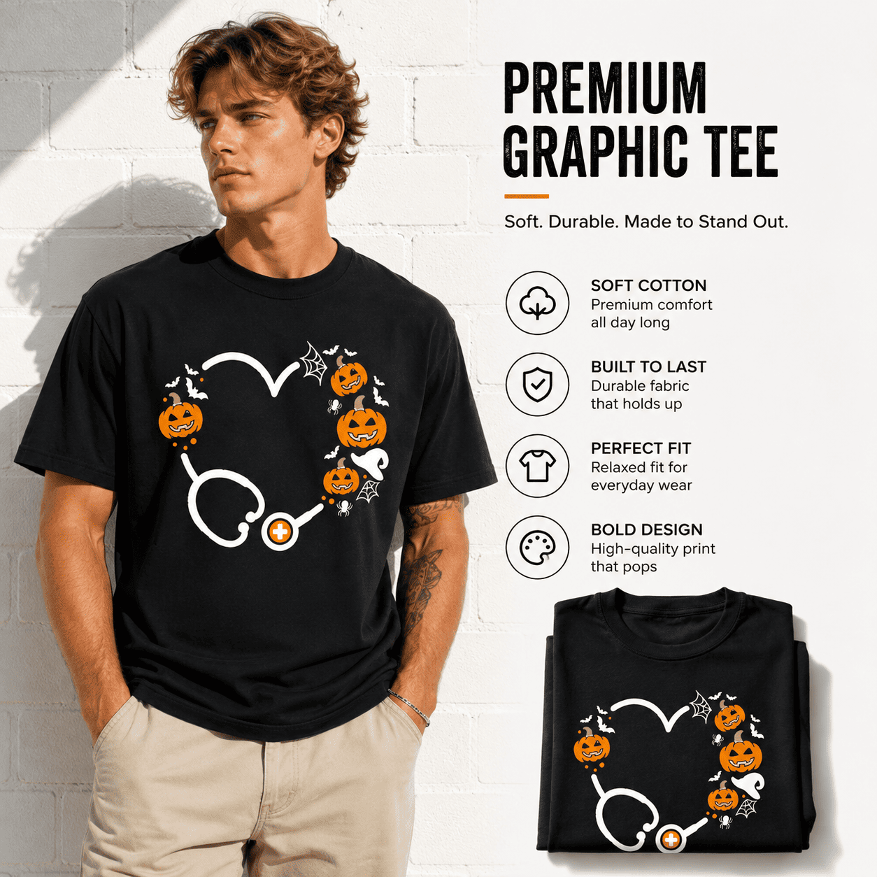 Halloween Nurse Stethoscope Pumpkin Heart Medical Graphic Men's T-Shirt