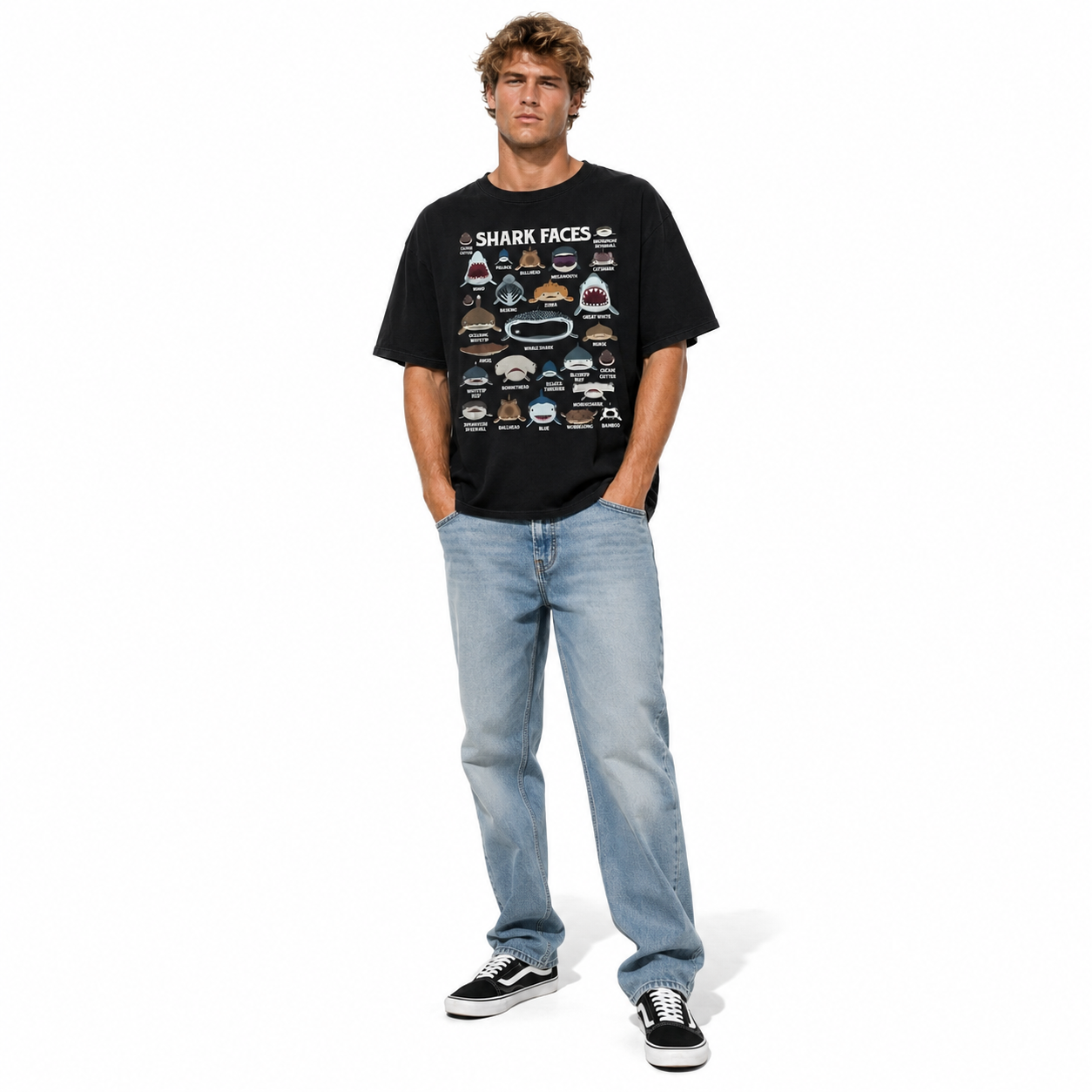Shark Faces Species Chart Graphic T-Shirt Ocean Marine Life Tee for Men