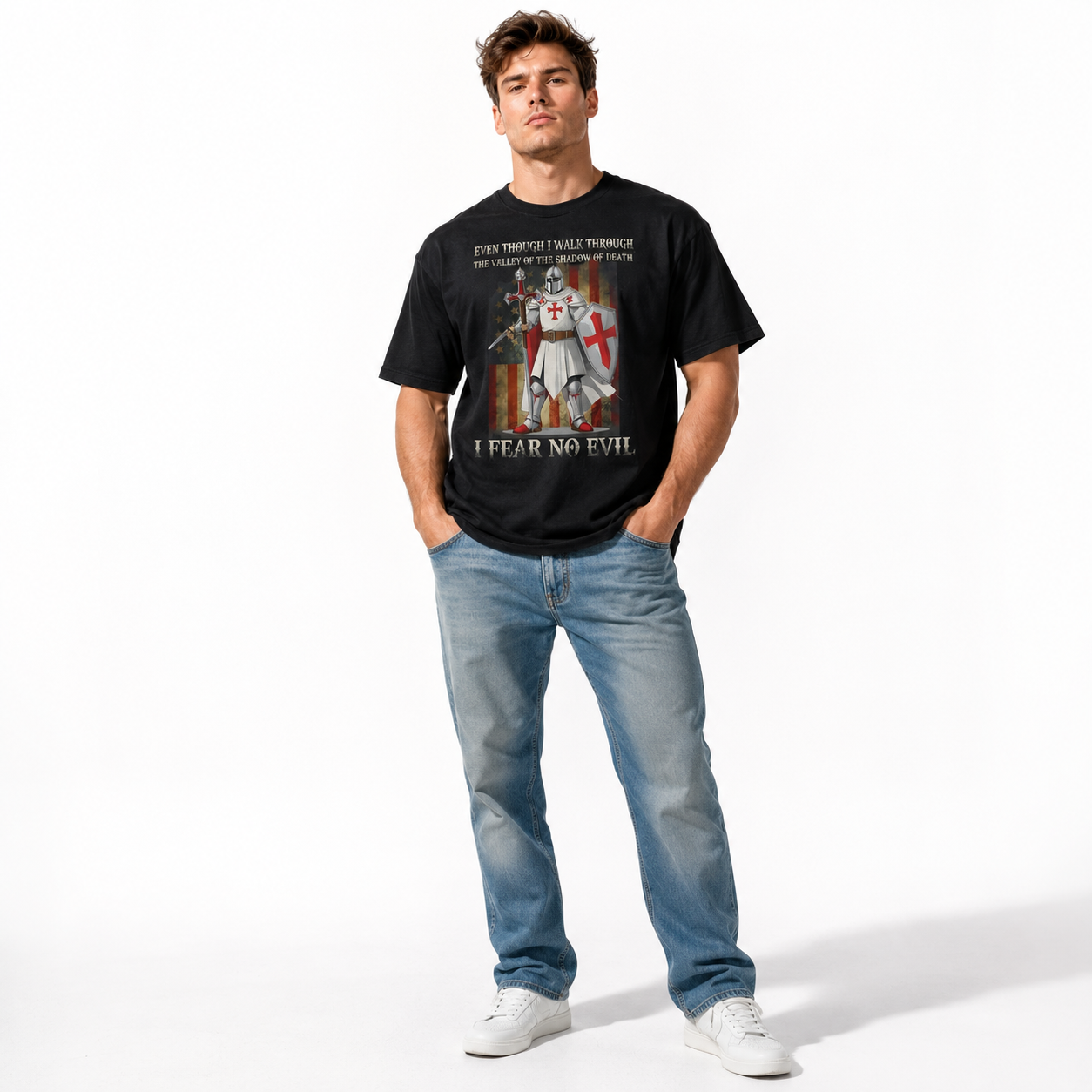 Christian Templar Knight Psalm 23 Graphic T-Shirt Faith Warrior Tee for Men