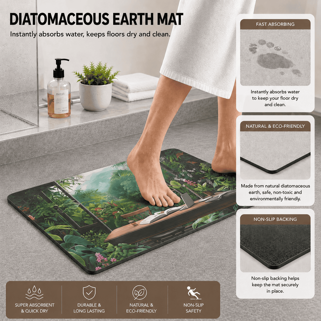 Green Rainforest Kitchen Mat Quick Dry Super Absorbent Non Slip Anime Lofi Decor