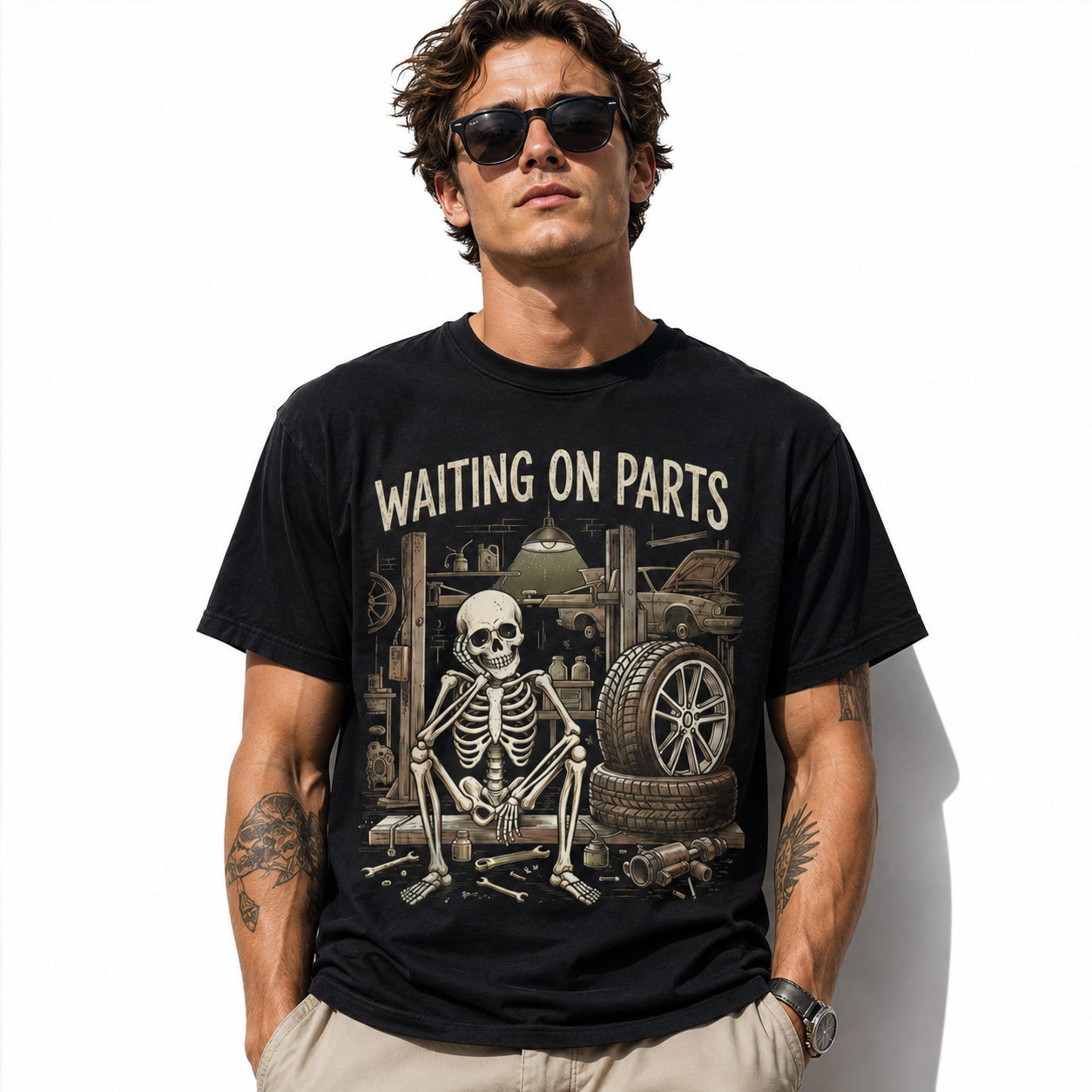 Waiting on Parts Skeleton Mechanic Car Garage Funny Men's Graphic T-Shirt