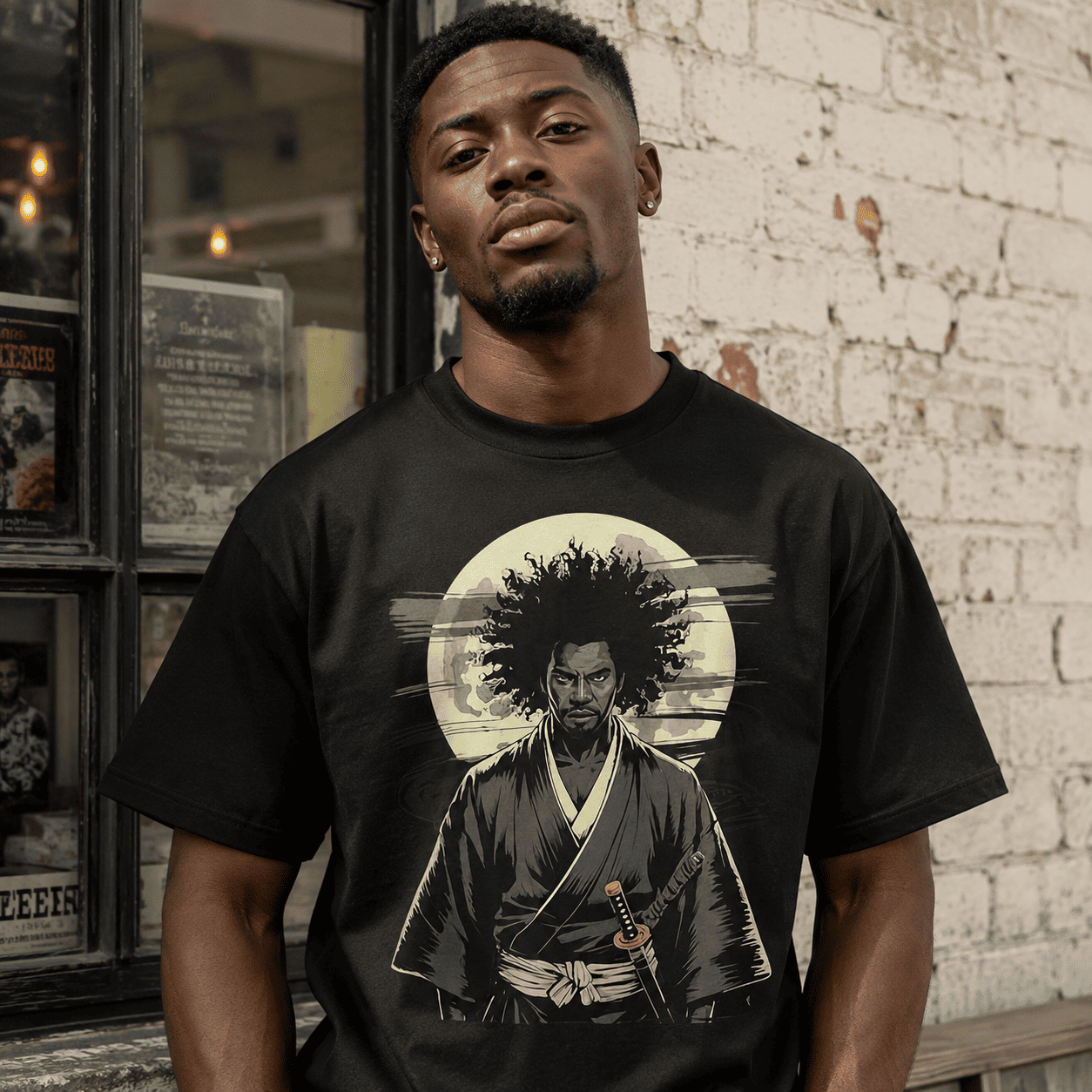 Afro Samurai Warrior Katana Vintage Japanese Graphic T Shirt Streetwear Tee