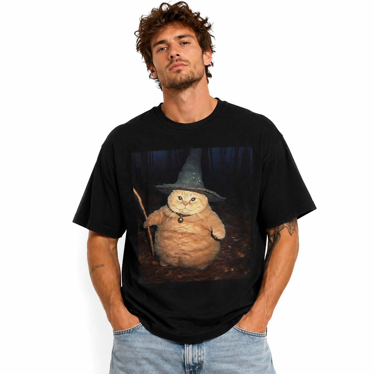 Funny Wizard Cat Graphic T-Shirt Cute Halloween Tee for Men