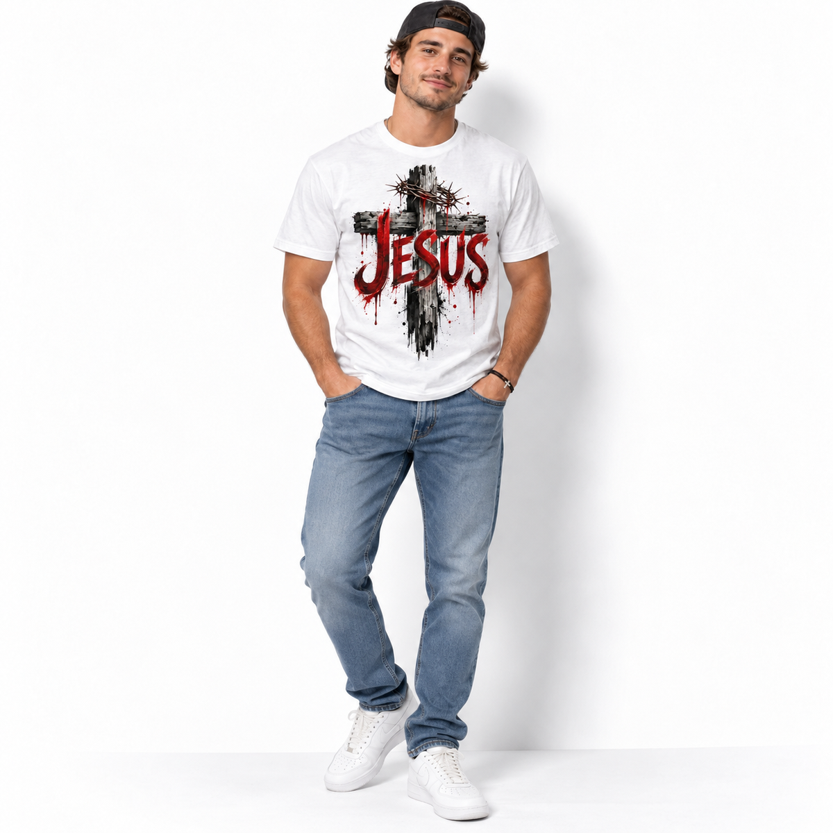 Jesus Cross Crown of Thorns Christian Faith Men's Graphic T-Shirt