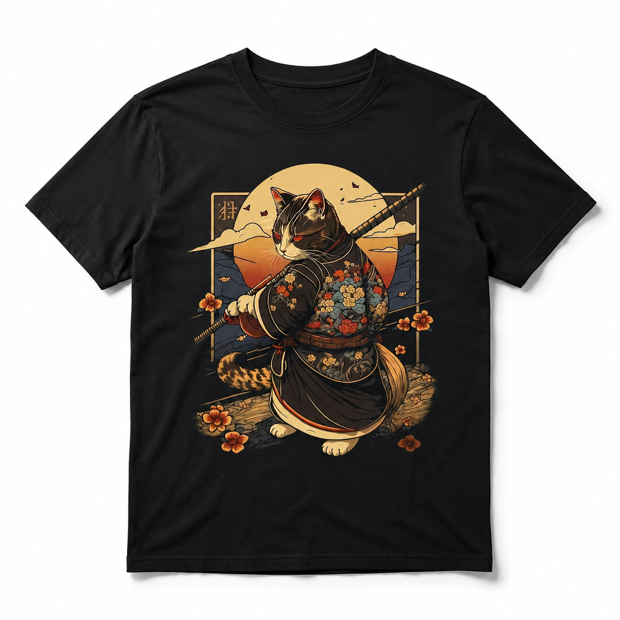 Black Cat Samurai Graphic T-Shirt Japanese Warrior Cat Tee