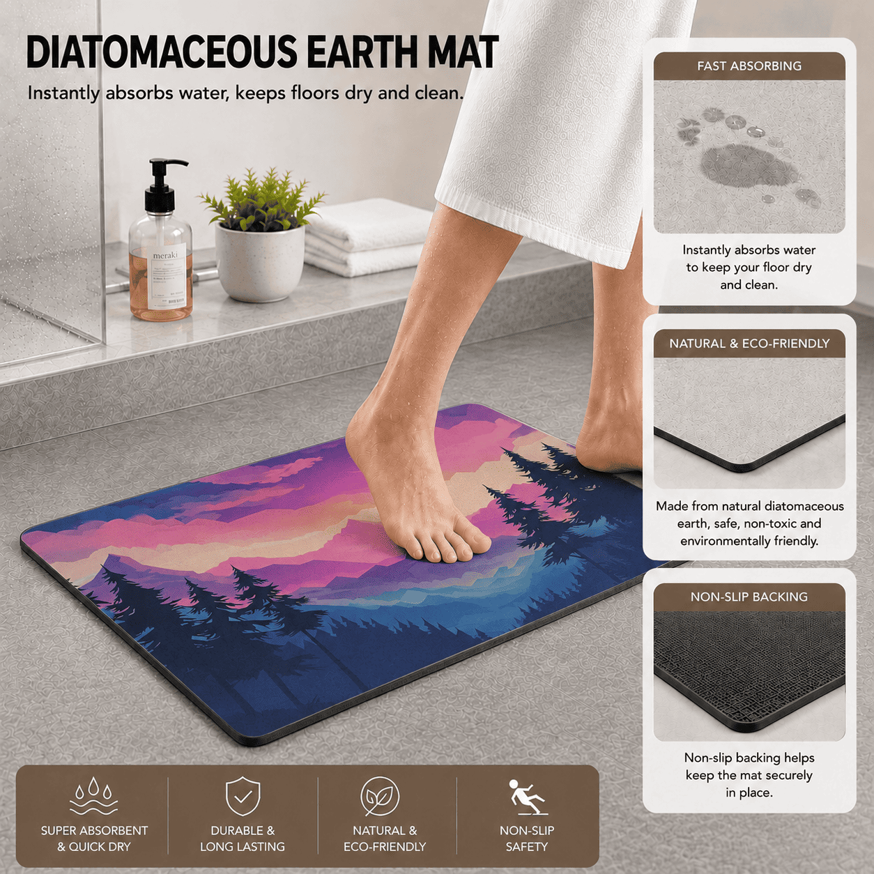 Mountain Sunset Laundry Room Mat Quick Dry Super Absorbent Non Slip Nature Decor