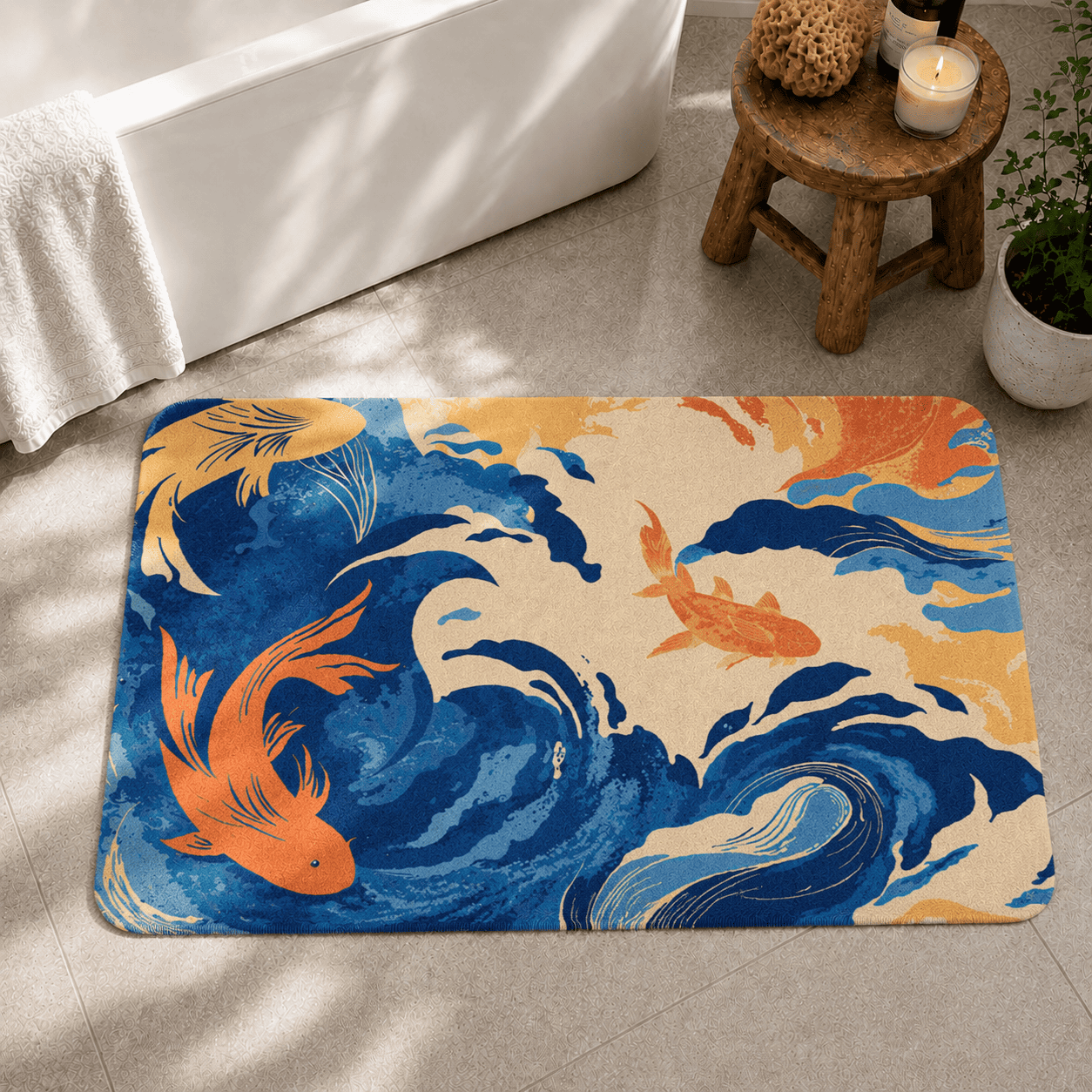 Japanese Koi Door Mat Quick Dry Super Absorbent Non Slip Fish Pattern