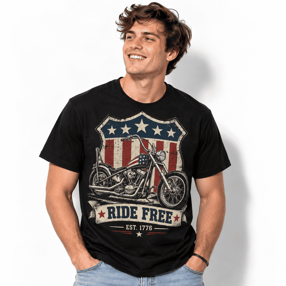 Ride Free 1776 Patriotic Biker Motorcycle Men's Graphic T-Shirt