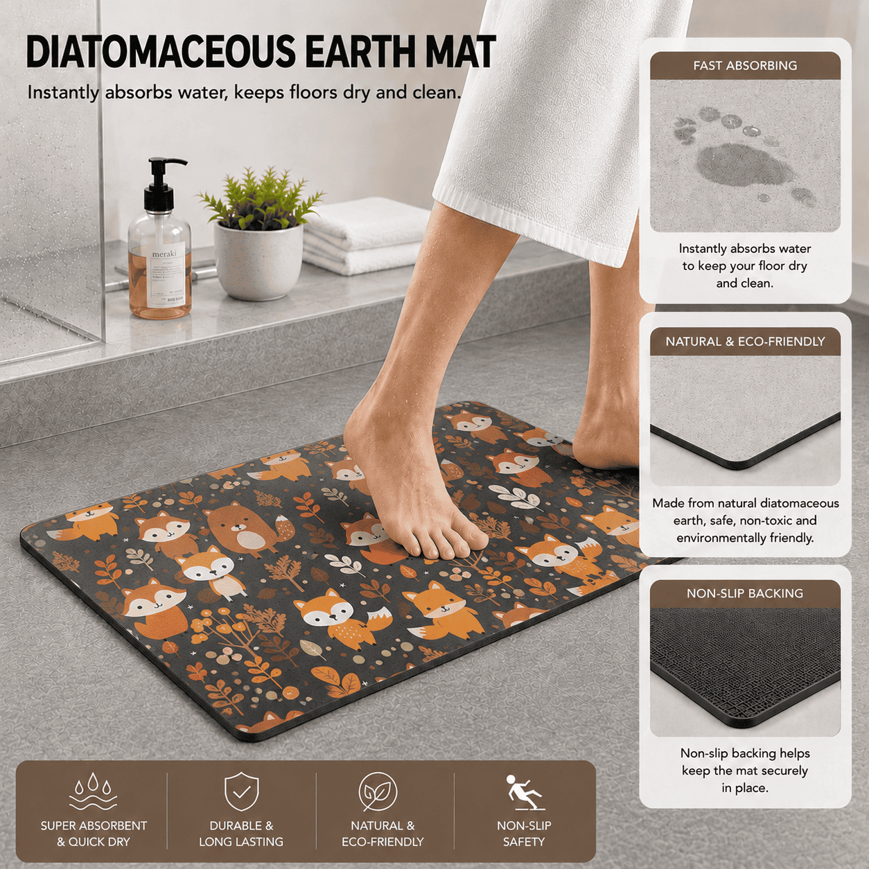 Cartoon Foxes Laundry Room Mat Quick Dry Super Absorbent Non Slip Kawaii Decor