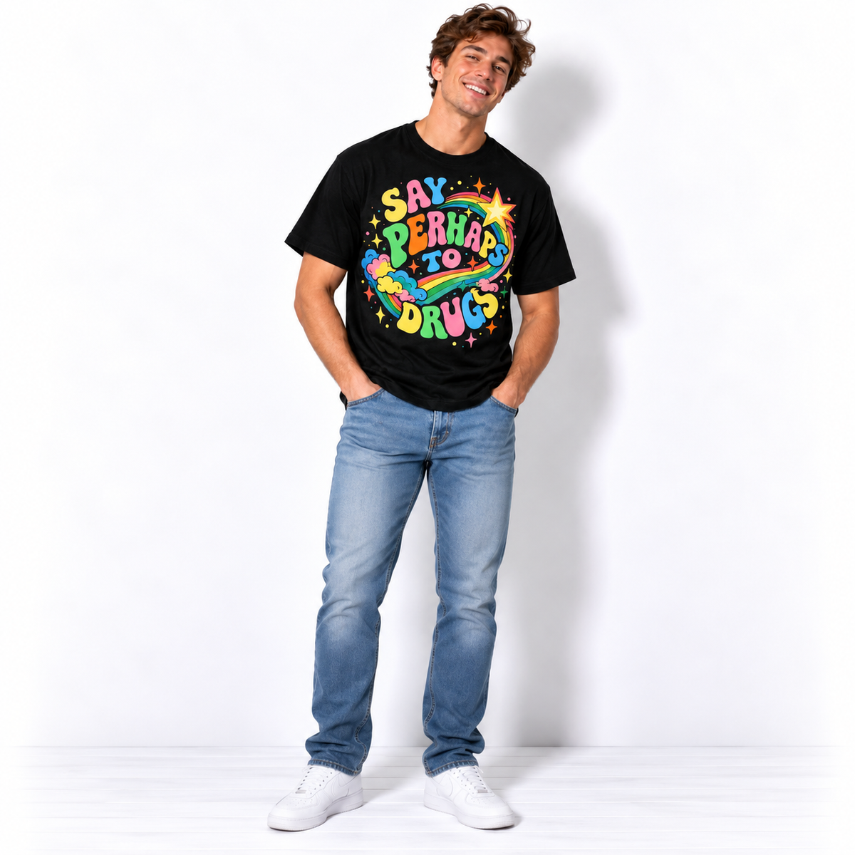 Say Perhaps to Drugs Retro Rainbow Funny Men's Graphic T-Shirt