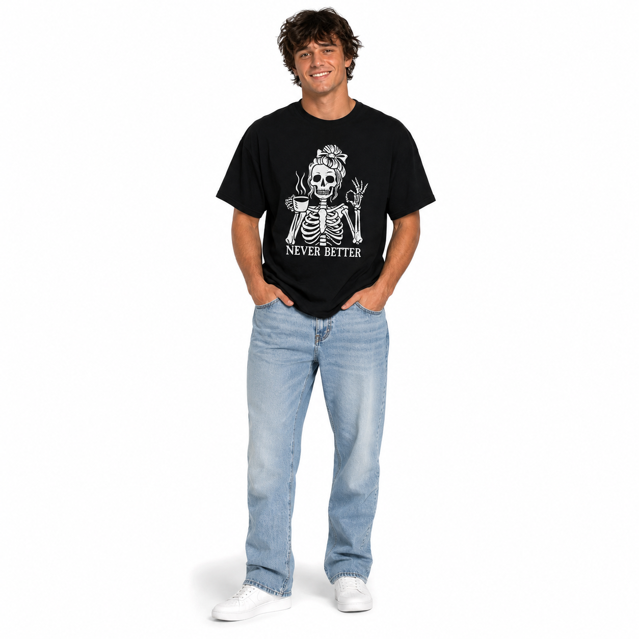 Never Better Skeleton Coffee Graphic T-Shirt Gothic Funny Halloween Tee