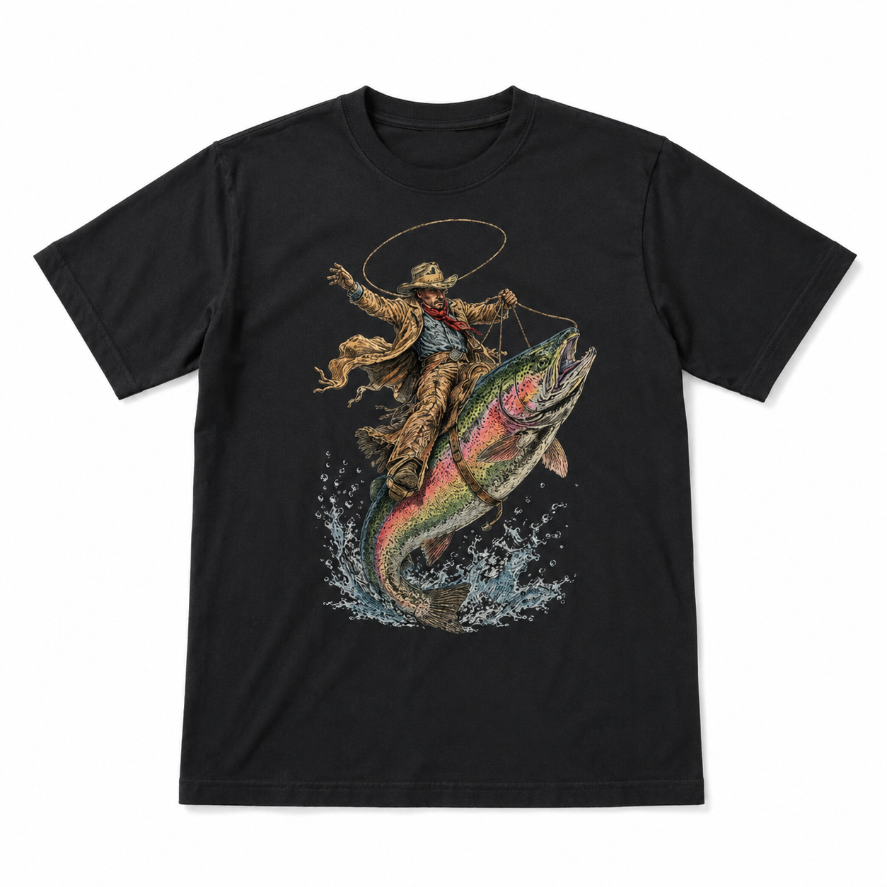 Cowboy Riding Rainbow Trout Funny Fishing Graphic T Shirt Western Angler Gift