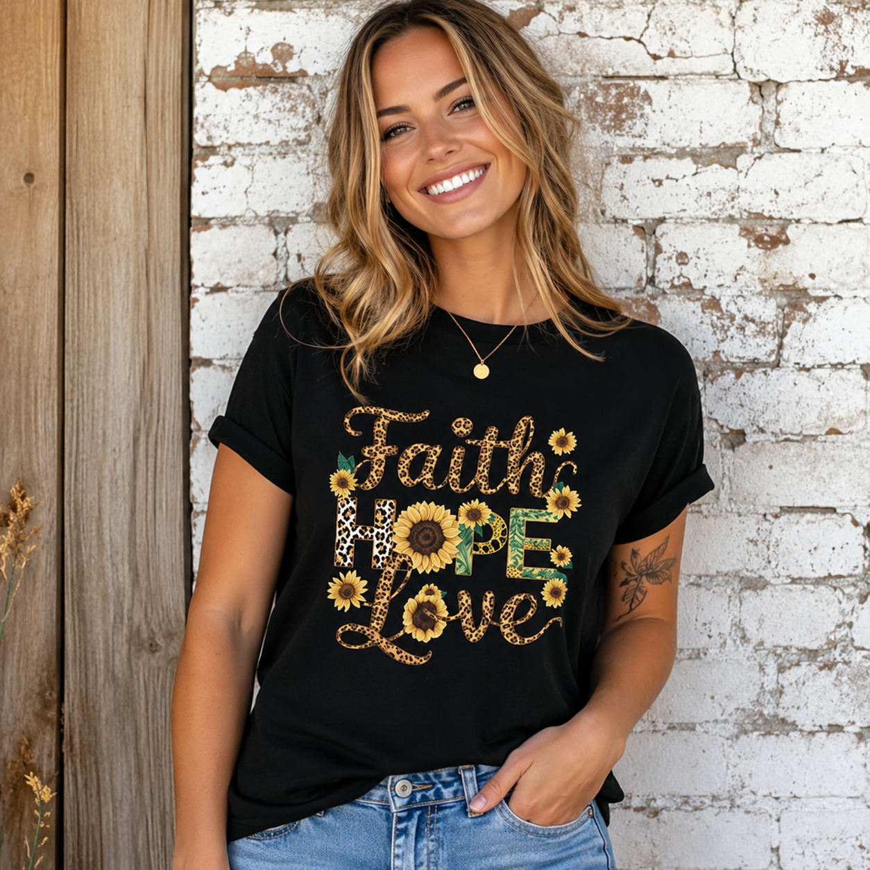 Women's Faith Hope Love Sunflower Heart Graphic T-Shirt Christian Casual Tee