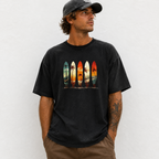 Casual Crew Neck T-Shirt in Black with Vibrant Surfboard And Palm Tree Designs