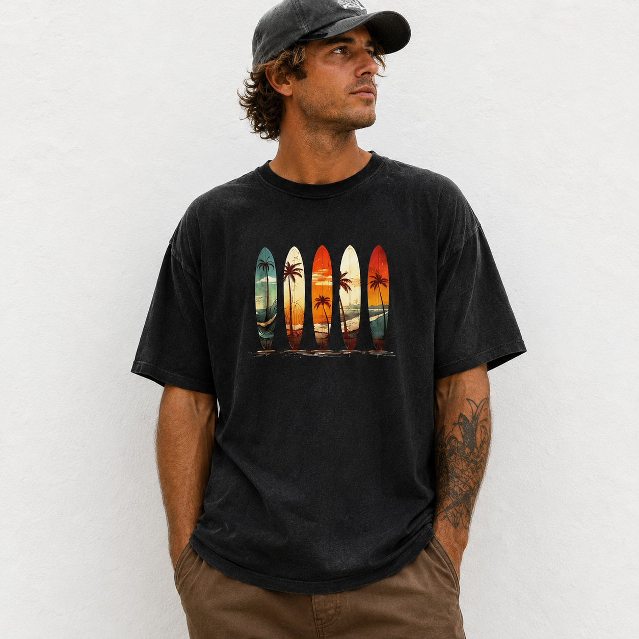 Casual Crew Neck T-Shirt in Black with Vibrant Surfboard And Palm Tree Designs