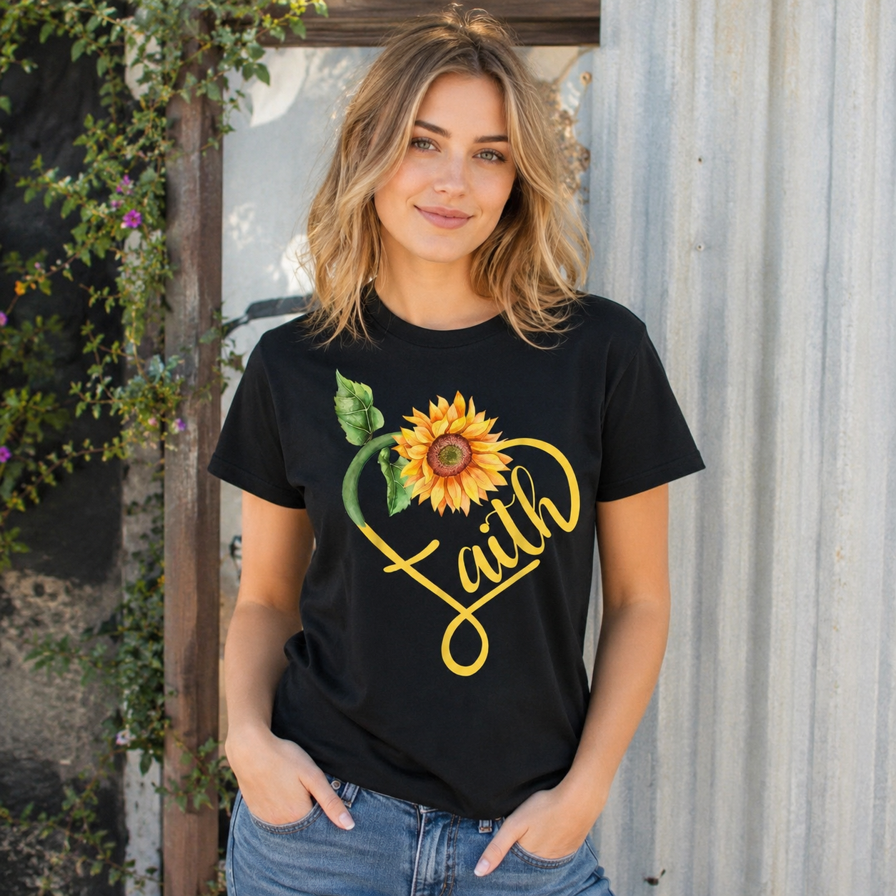 Women's Faith Hope Love Sunflower Heart Graphic T-Shirt Christian Casual Tee