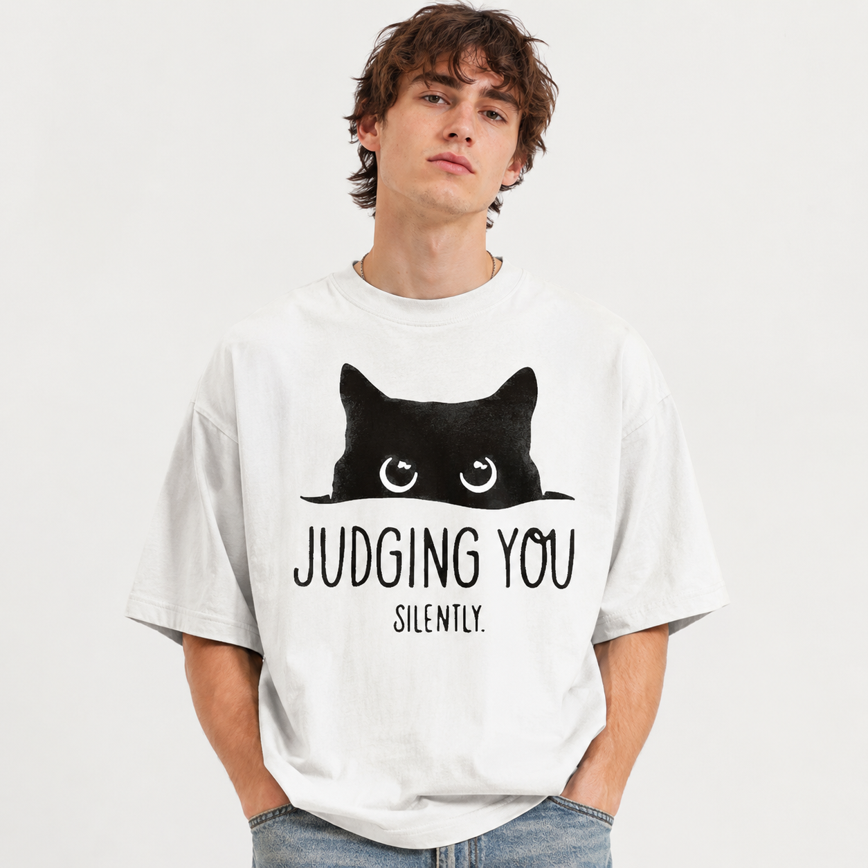 A Humorous Short-Sleeve Shirt Featuring a Cat, with a Minimalist Design