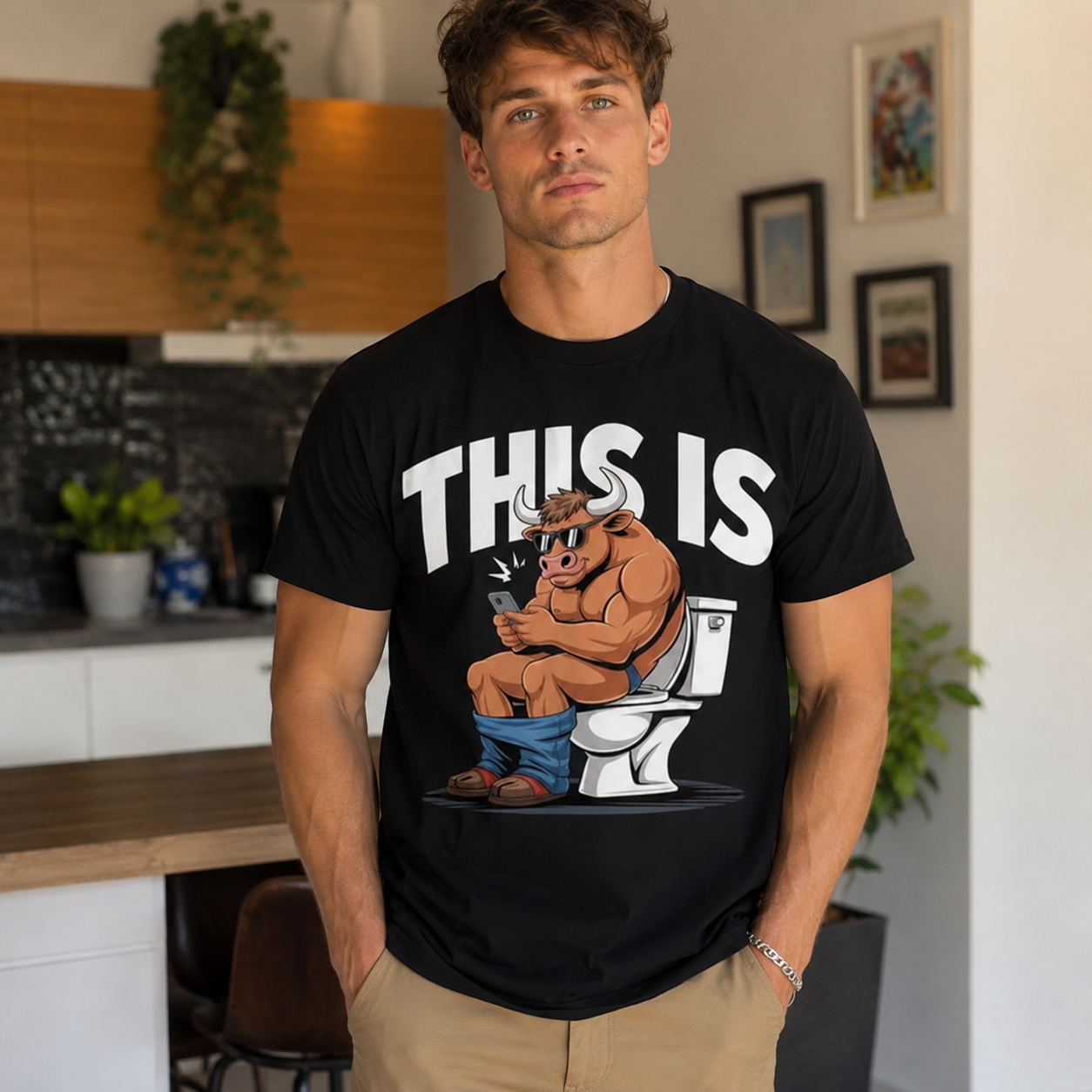 Funny "This Is Bull" T-Shirt | Muscular Bull on Toilet Graphic Humor Tee