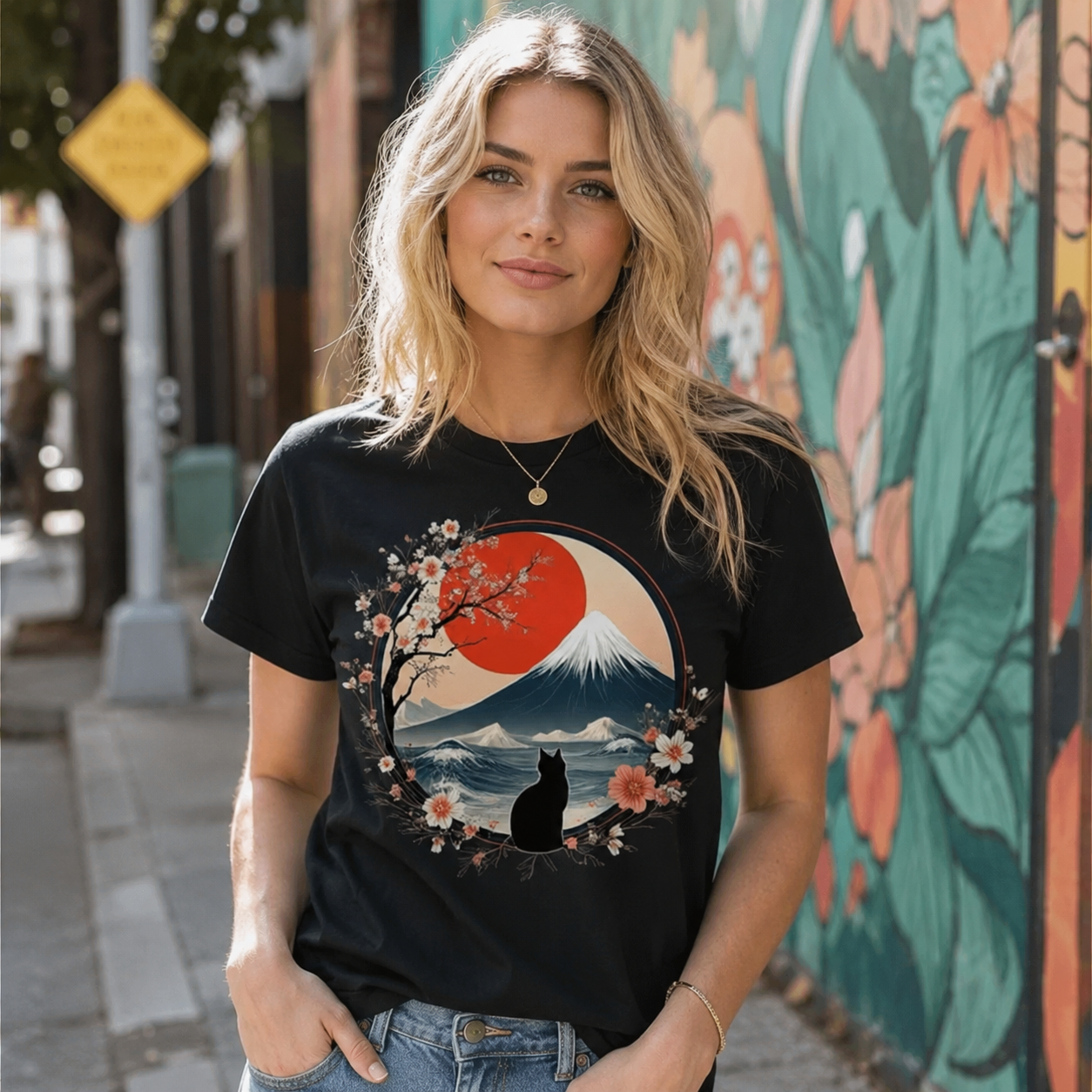 Women's Japanese Cat Mount Fuji Graphic T-Shirt Cute Casual Summer Tee Top