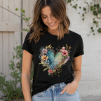 Women Vintage Floral Heart Graphic T-Shirt Rose Flower Casual Crew Neck Tee Top