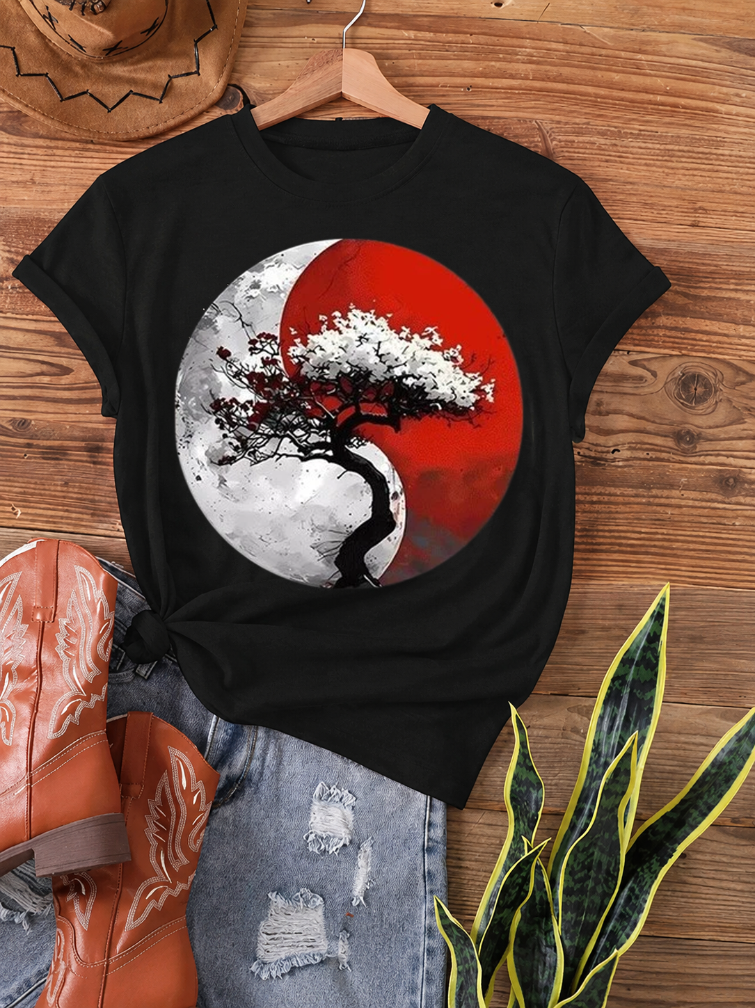 Women Yin Yang Tree Of Life Graphic T-Shirt Spiritual Casual Crew Neck Tee Top