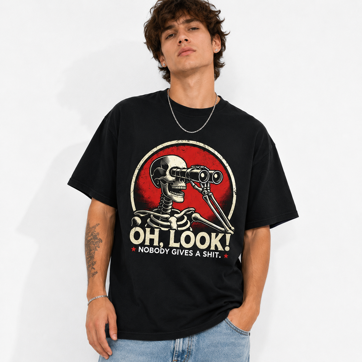 Oh Look Nobody Gives A Sh*t Skeleton T-Shirt | Funny Sarcastic Retro Tee