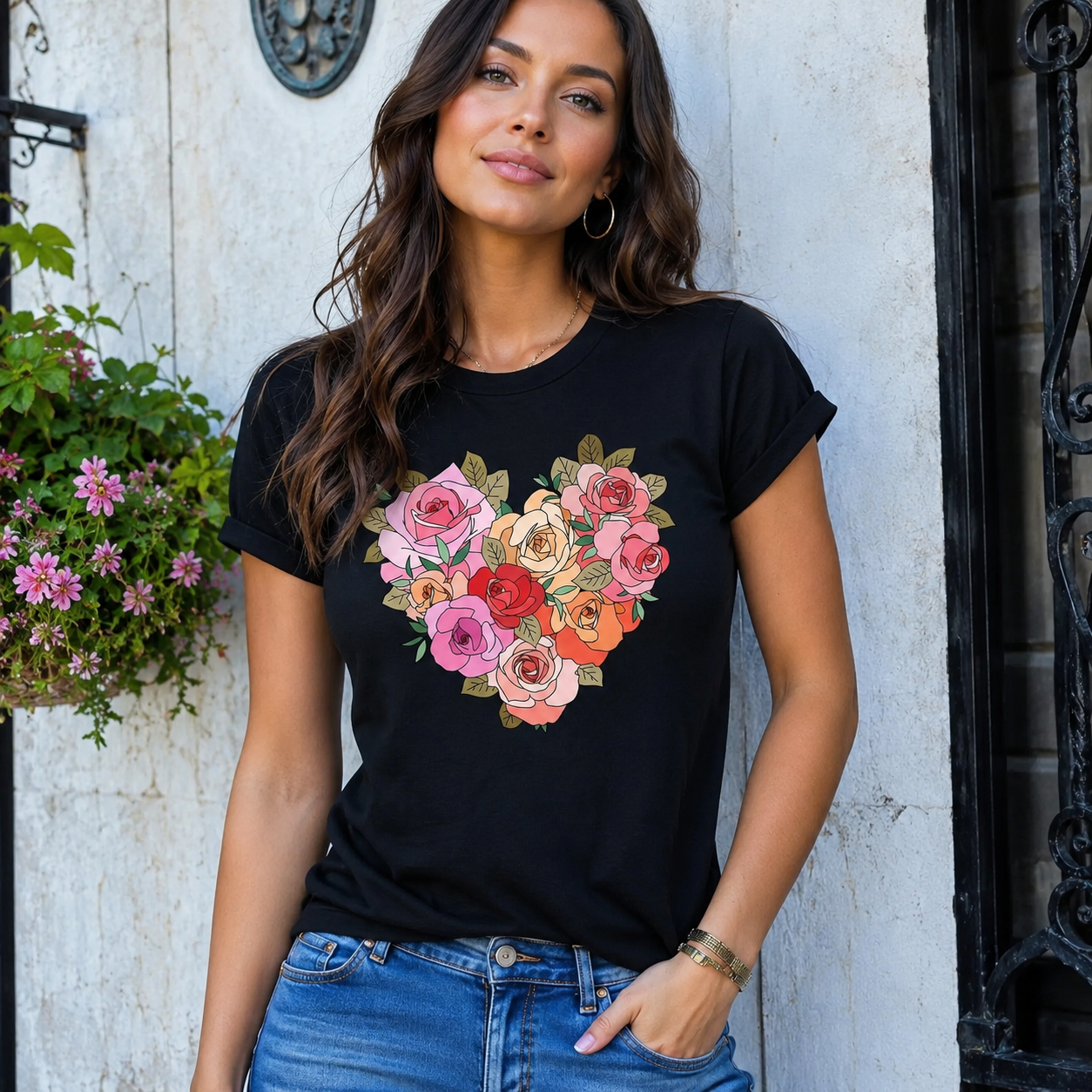 Women Vintage Floral Heart Graphic T-Shirt Rose Flower Casual Crew Neck Tee Top