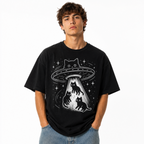 Funny Cat UFO Abduction Graphic T-Shirt Alien Space Cute Kitty Sci-Fi Tee Gift