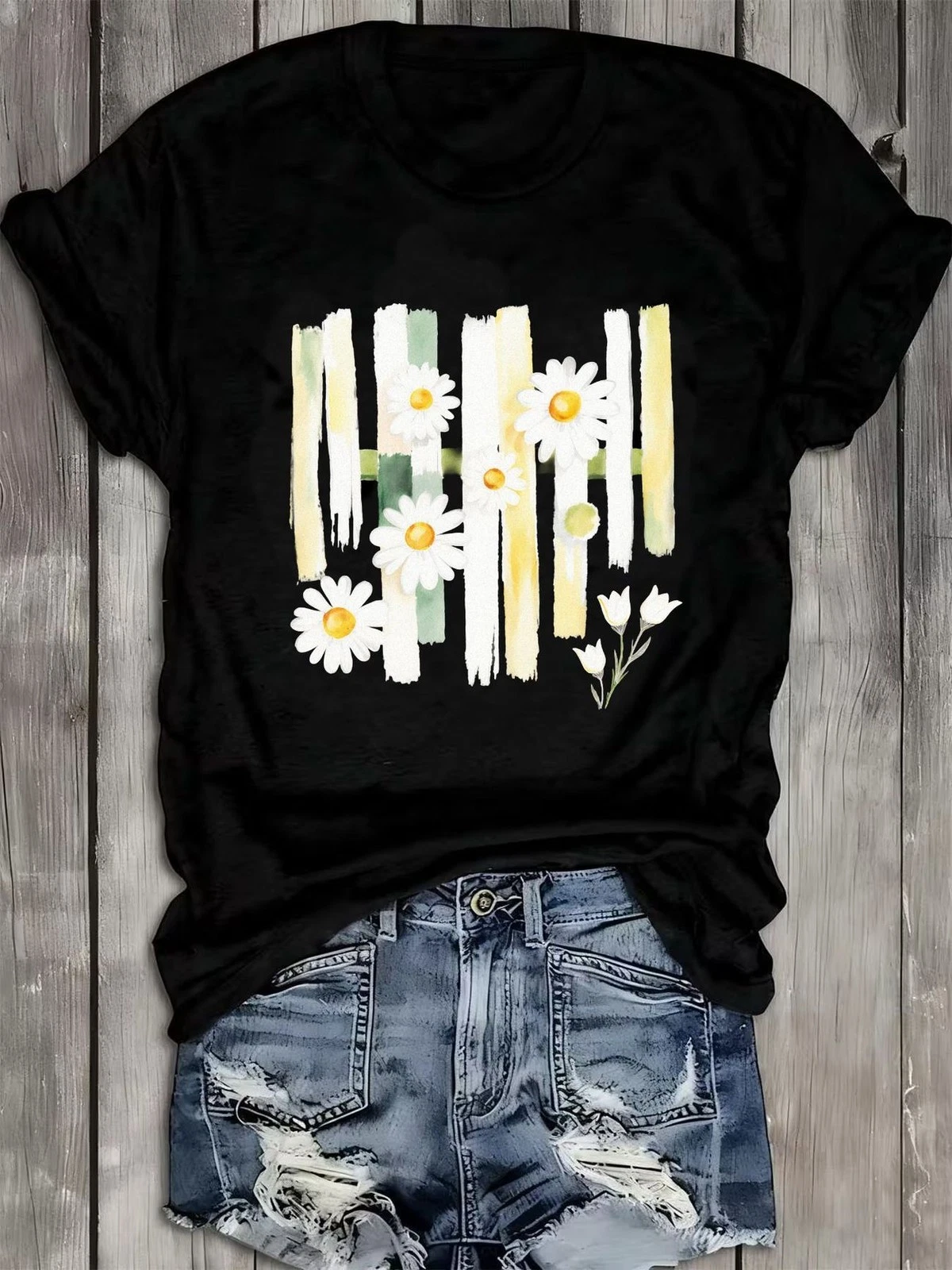 Women Daisy Floral Graphic T-Shirt Summer Flower Casual Crew Neck Tee Top
