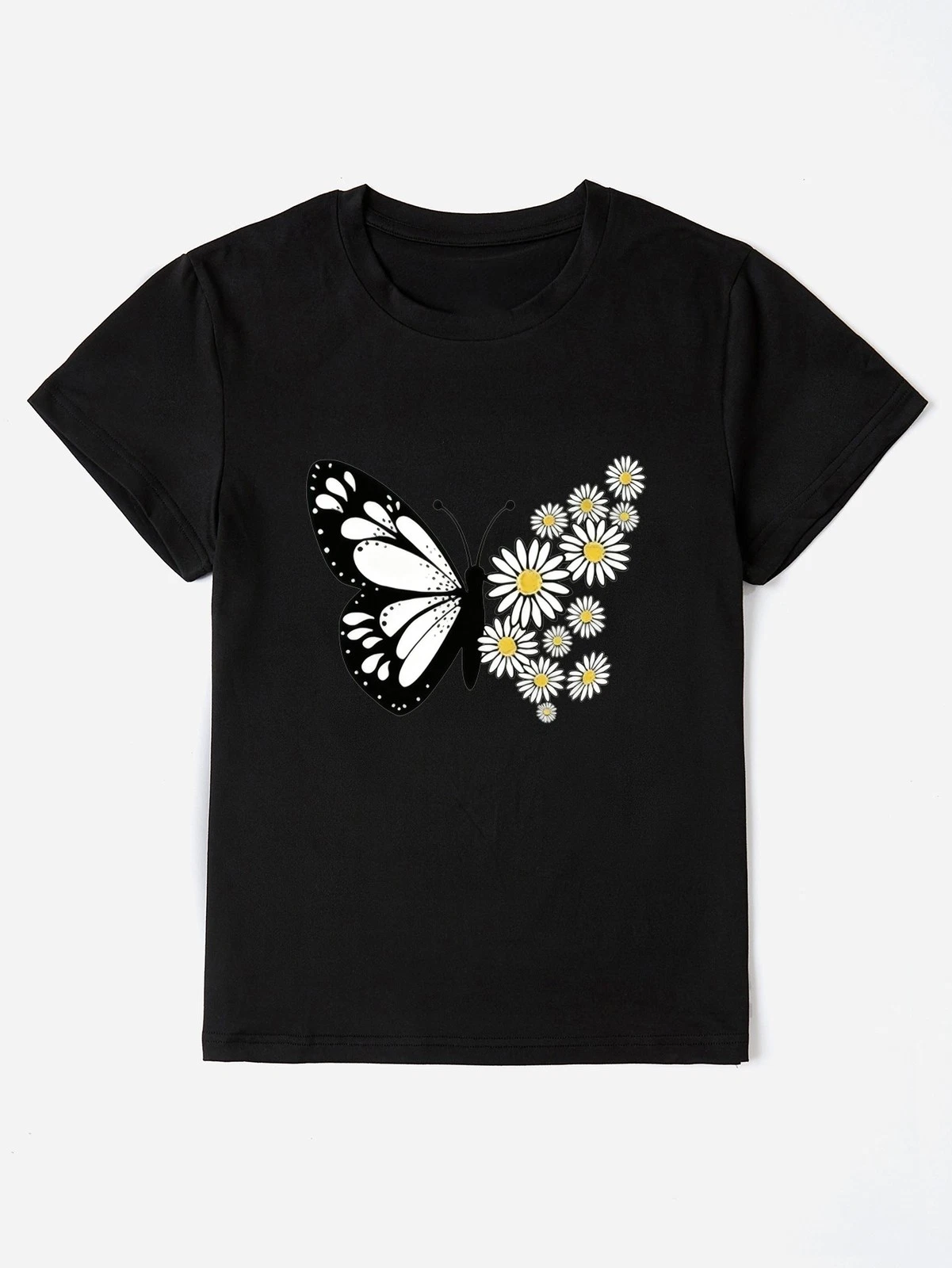 Women Daisy Floral Graphic T-Shirt Summer Flower Casual Crew Neck Tee Top