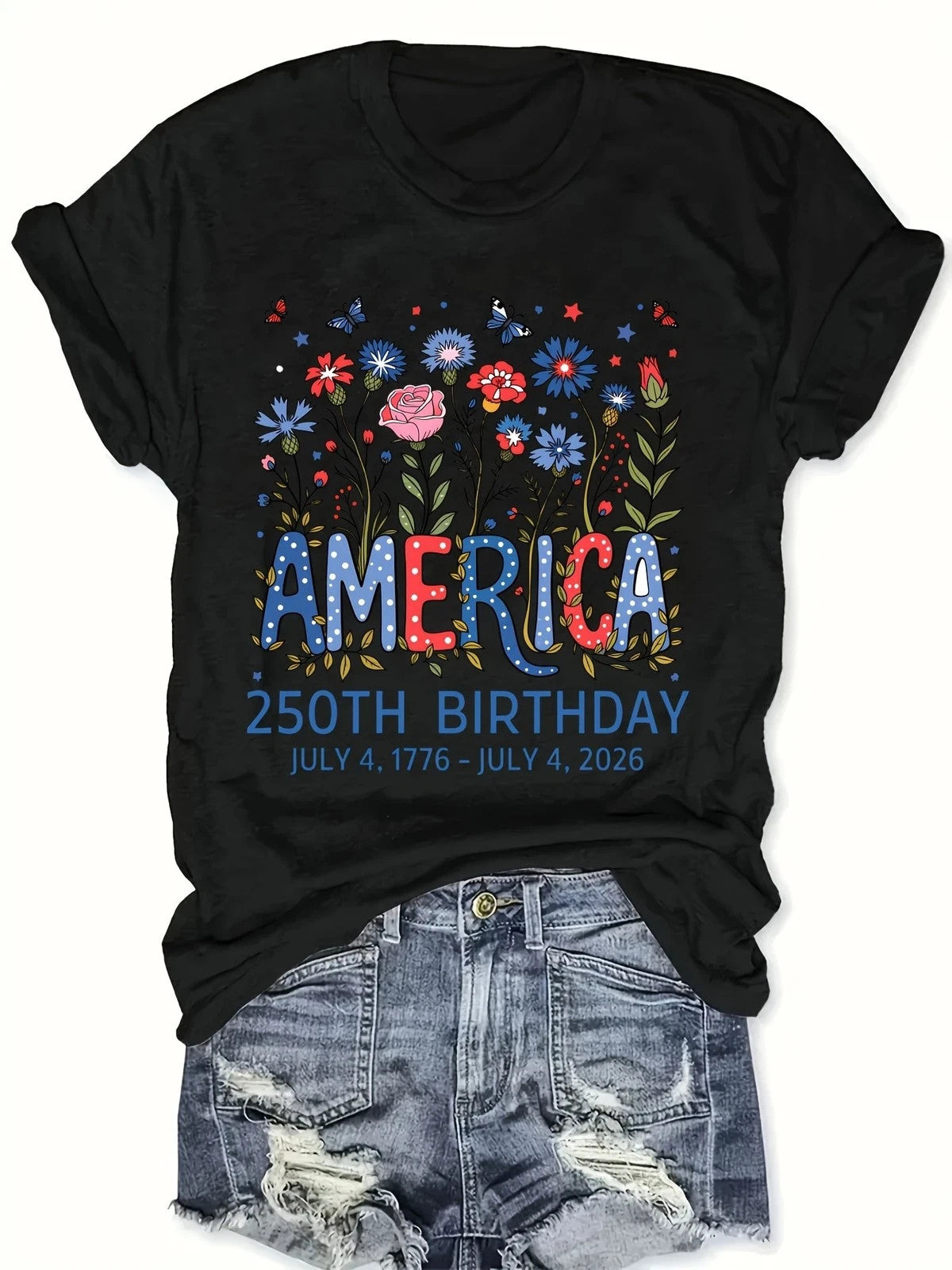 Women's USA 250th Birthday 1776–2026 Floral Butterfly Patriotic T-Shirt