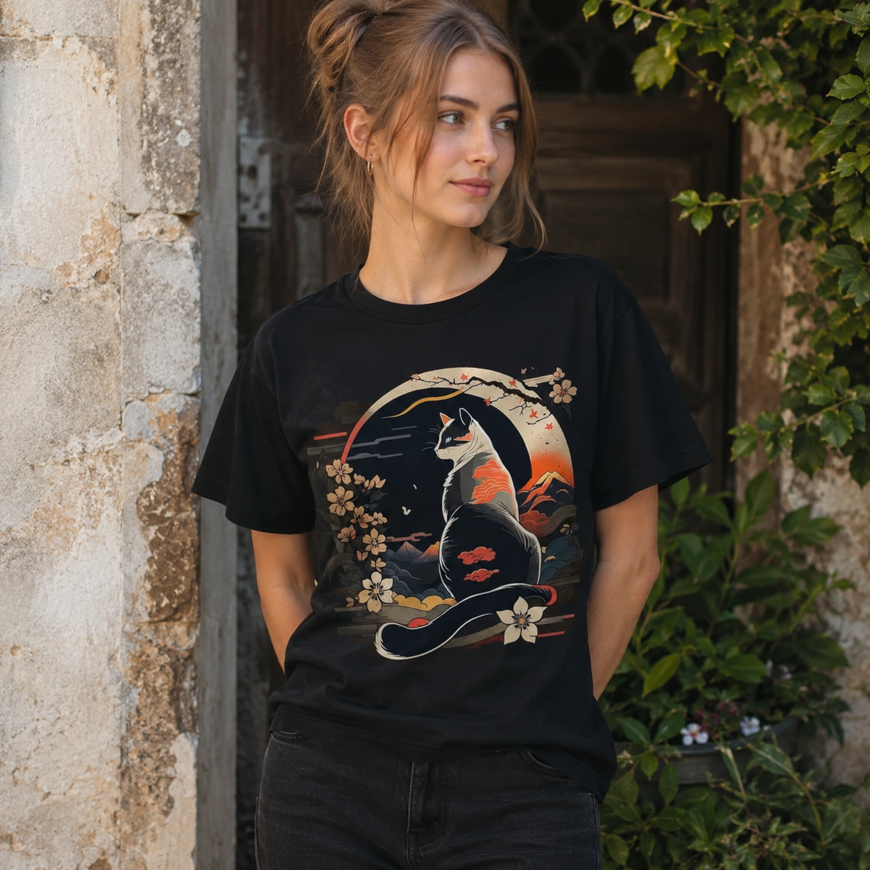 Women's Japanese Cat Mount Fuji Graphic T-Shirt Cute Casual Summer Tee Top