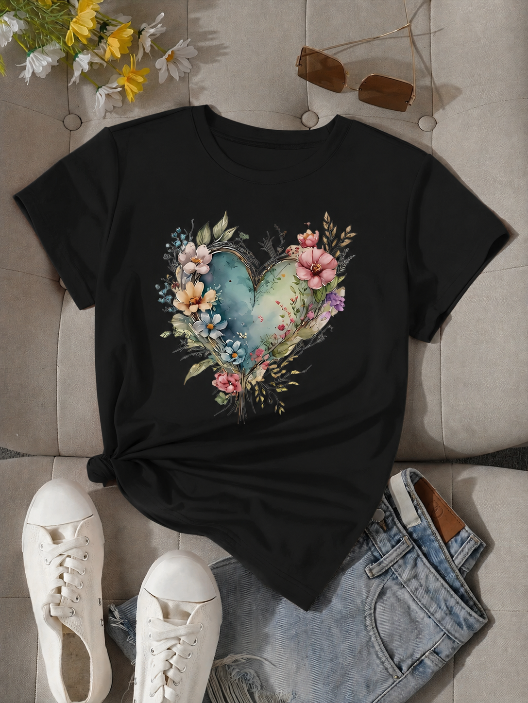 Women Vintage Floral Heart Graphic T-Shirt Rose Flower Casual Crew Neck Tee Top