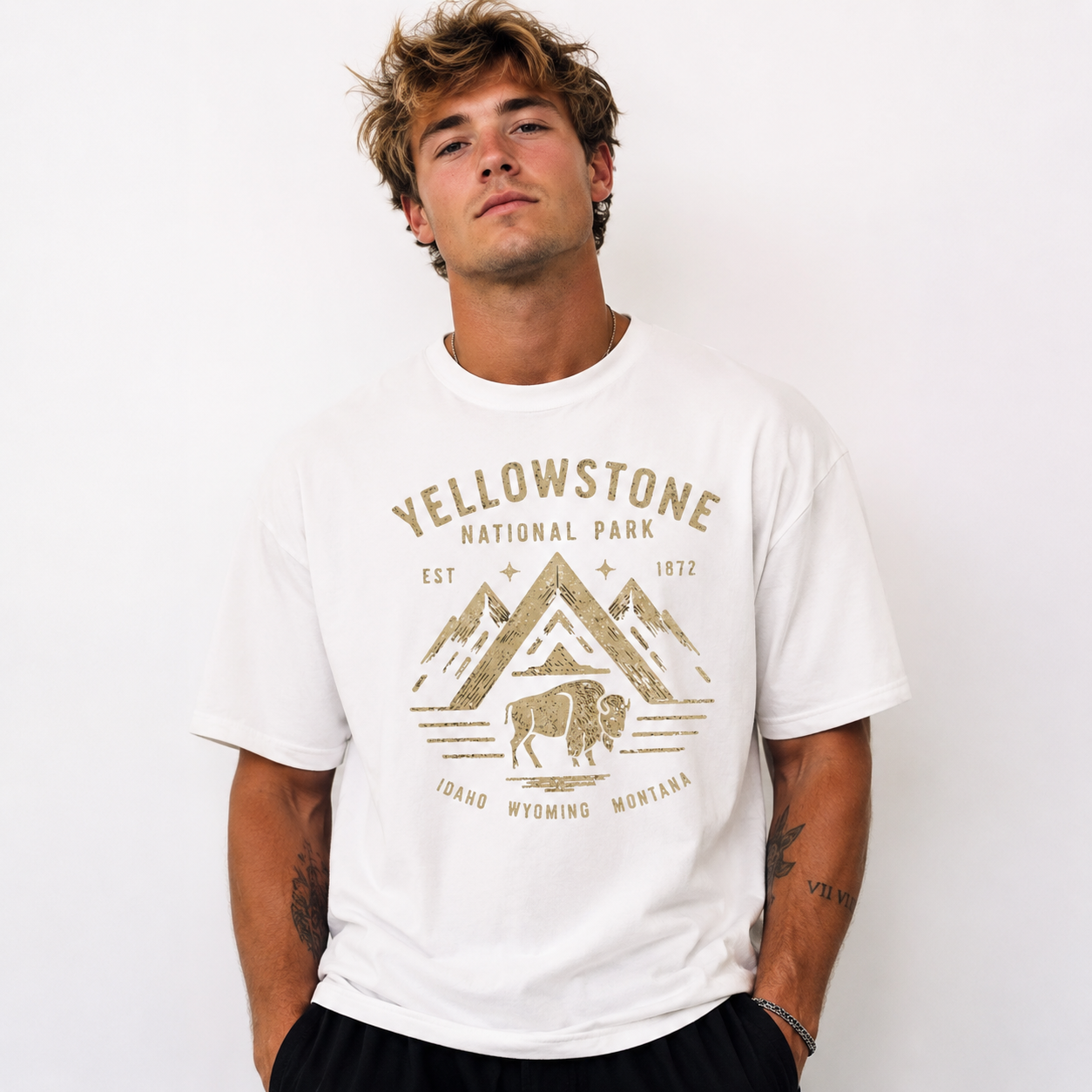 Yellowstone National Park Bison Mountain Graphic T-Shirt Outdoor Adventure Tee