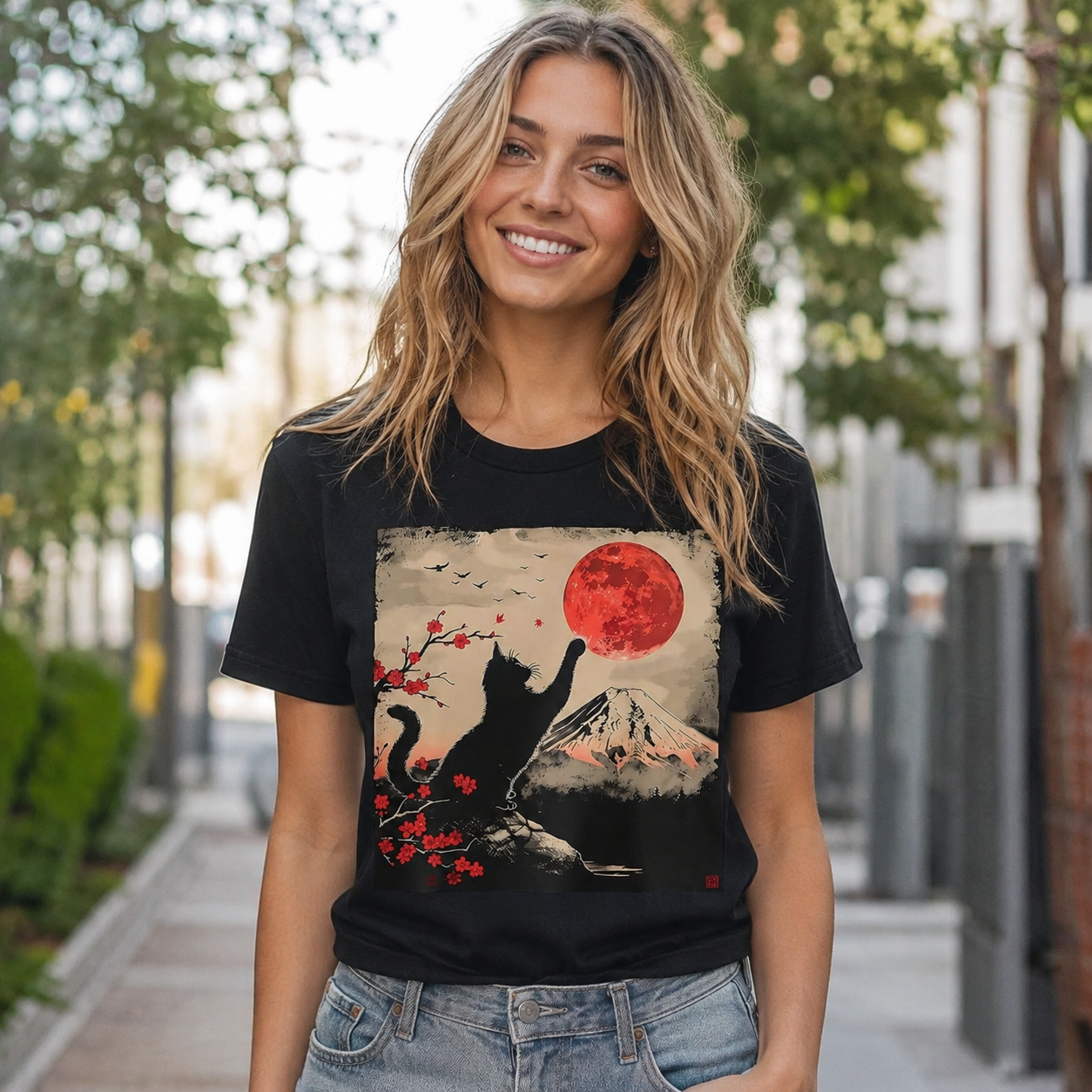 Women's Japanese Cat Mount Fuji Graphic T-Shirt Cute Casual Summer Tee Top