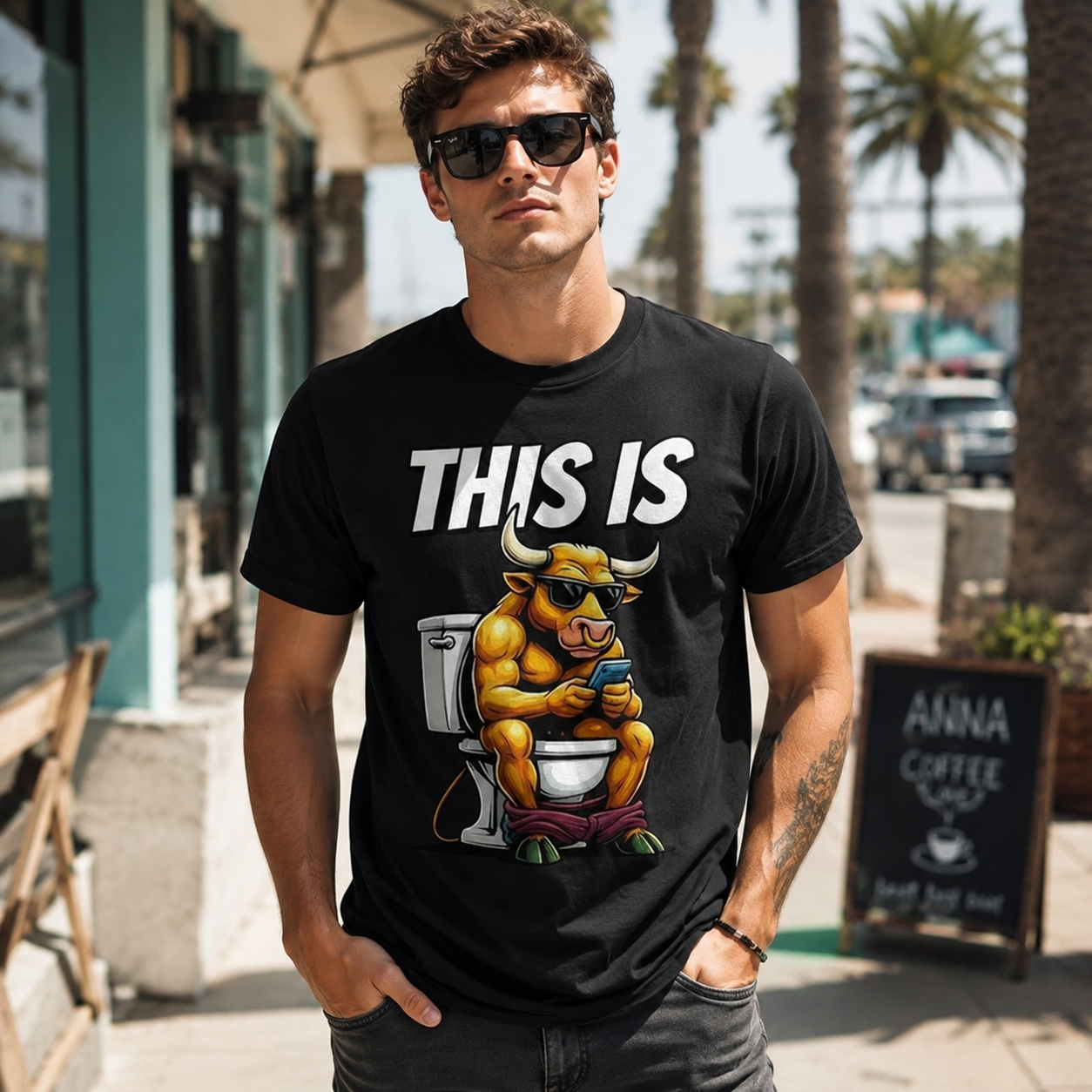 Funny "This Is Bull" T-Shirt | Muscular Bull on Toilet Graphic Humor Tee