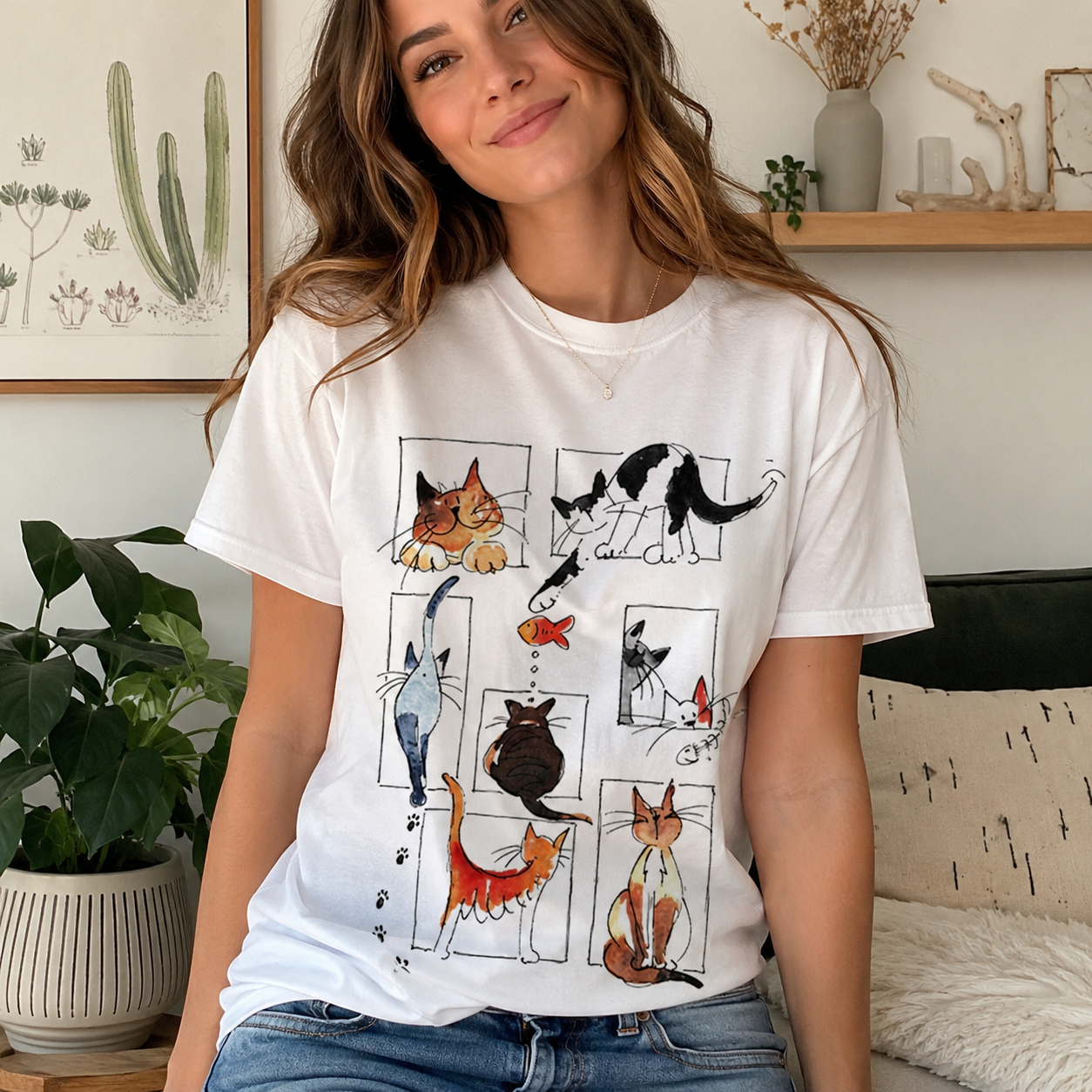 Watercolor Cat Windows T-Shirt | Playful Multi-Cat Boutique Graphic Tee