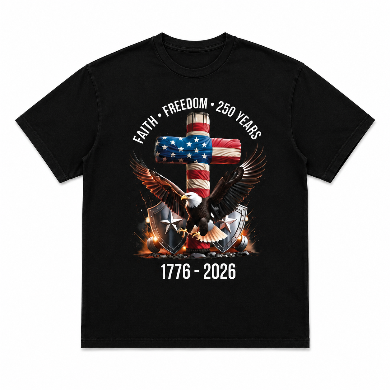 USA 250 Years Faith Freedom T Shirt Flag Cross Eagle Patriotic Graphic Tee