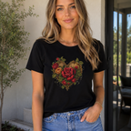 Women Vintage Floral Heart Graphic T-Shirt Rose Flower Casual Crew Neck Tee Top