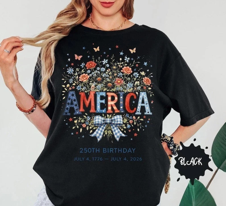 Women's USA 250th Birthday 1776–2026 Floral Butterfly Patriotic T-Shirt