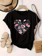 Women Vintage Floral Heart Graphic T-Shirt Rose Flower Casual Crew Neck Tee Top