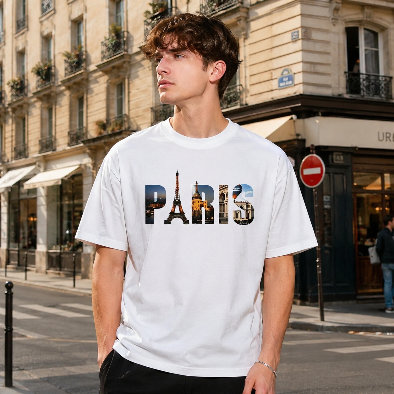 Paris Stripe Graphic T-Shirt Men's Crew Neck Casual Streetwear Tee Top