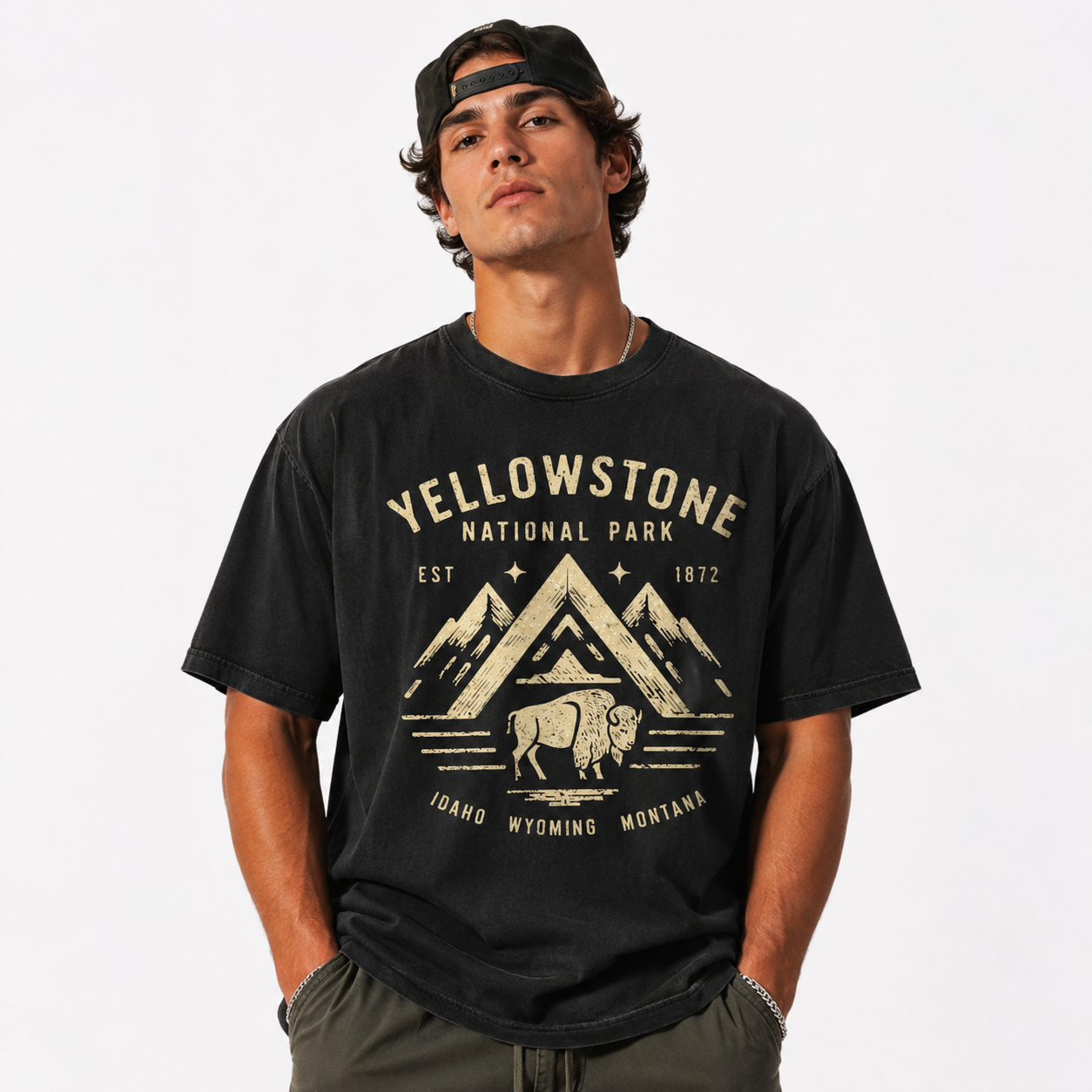 Yellowstone National Park Bison Mountain Graphic T-Shirt Outdoor Adventure Tee